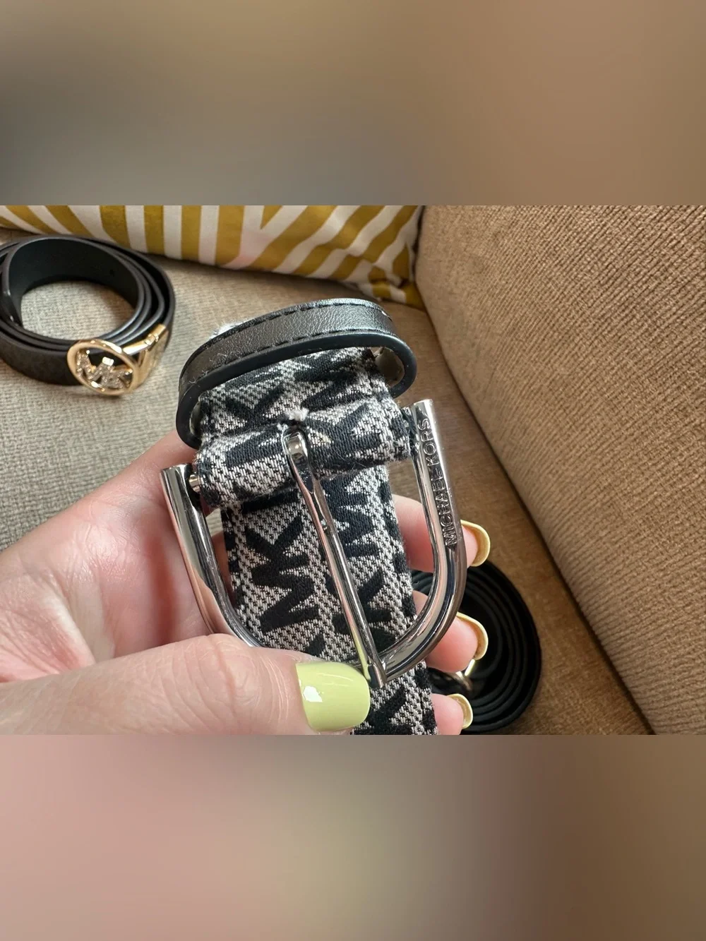 Michael Kors Black and Beige MK Logo Belts with Gold and Silver Buckles